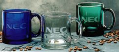 Colorful tempered coffee mugs etched with your logo
