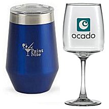 Stemless wine glasses and screen printed stemware