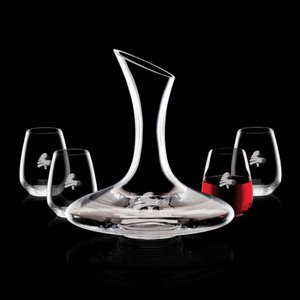 Madagascar Carafe and 4 Stemless Wine Glasses Engraved 