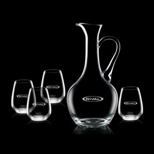 Deane Carafe and 4 Stemless Wine Glasses Engraved 
