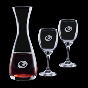 Bishop Carafe and 2 Wine Glasses Engraved Glasses 