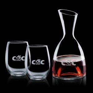 Rathburn Carafe and 2 Stemless Wine Glasses Engraved 