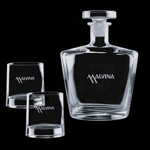 Timmins Engraved Decanter and 2 On-the-Rocks Engraved Glasses 