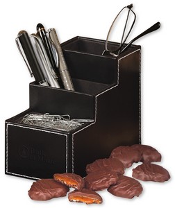 Faux Leather Desk Organizer with Pecan Turtles 