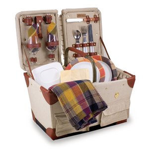 'Pioneer' Picnic Basket, (Tan with Navy & Khaki Green Plaid) 