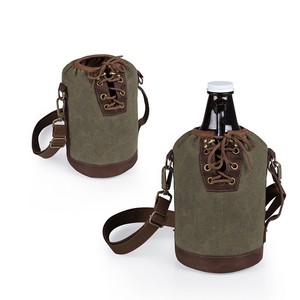 Insulated Growler Khaki Green & Brown Tote with 64-oz. Amber Glas 
