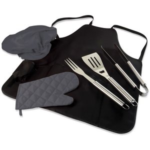BBQ Apron Tote Pro with Tools, (Black with Dark Grey Accessories) 