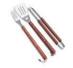 3-Pc BBQ Tote & Tools Set, (Black & Grey with Wooden Tool Handles 