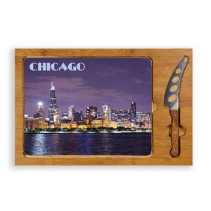 'Icon' Glass Top Serving Tray & Knife Set, (Chicago Design) 